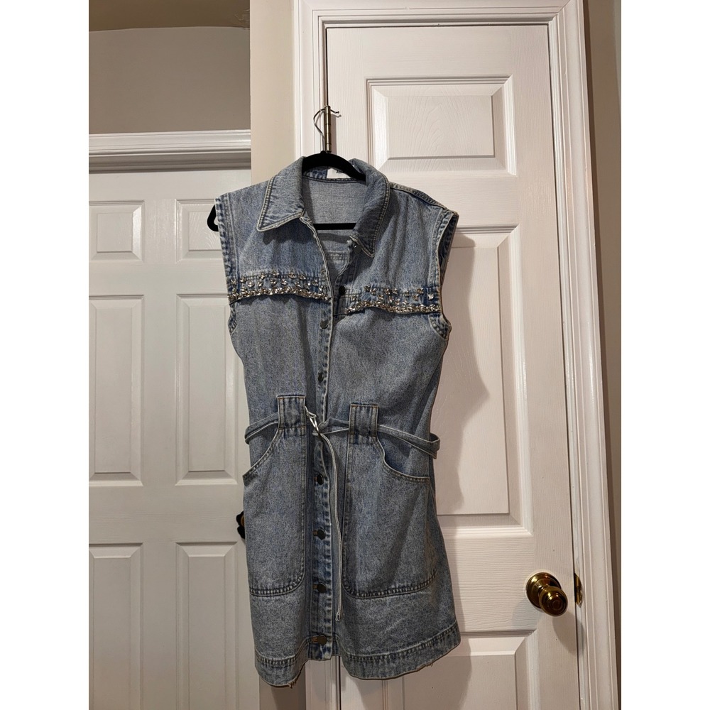 ACLER Sleeveless Denim Dress Embellished Belted Shirt Dress Mini - Picture 5 of 12